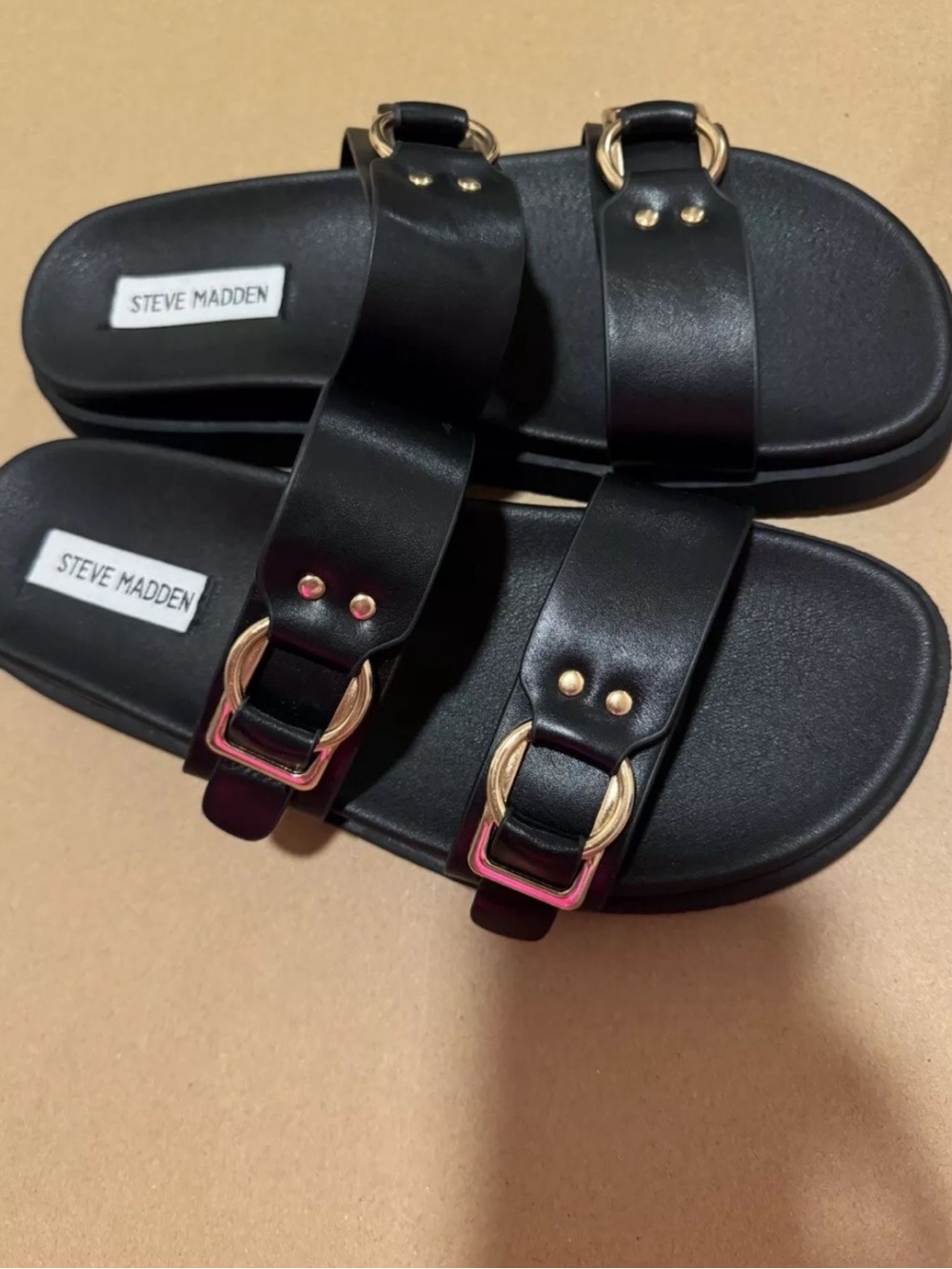 Steve Madden Black Slide Sandals with Gold Rings